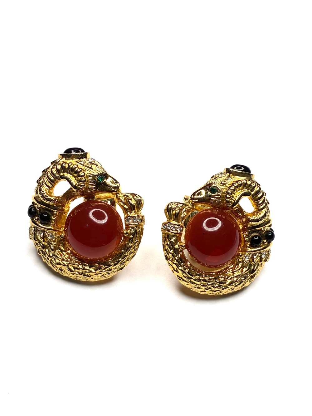 Stunning Vintage 1980s Signed CRAFT Jeweled Ram’s Head Clip-On Earrings